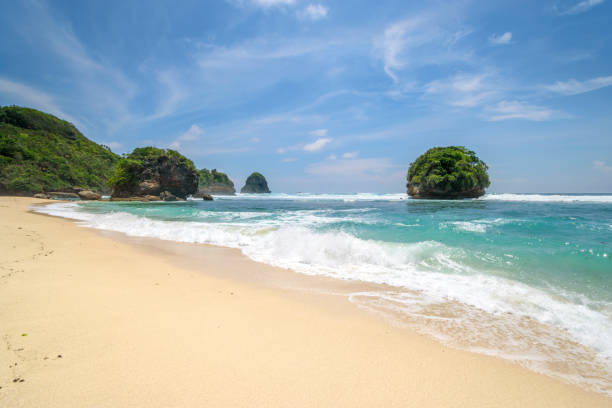 istock Batu Leter tropical beach with white sand and blue sea in East Java, Indonesia 1222116330