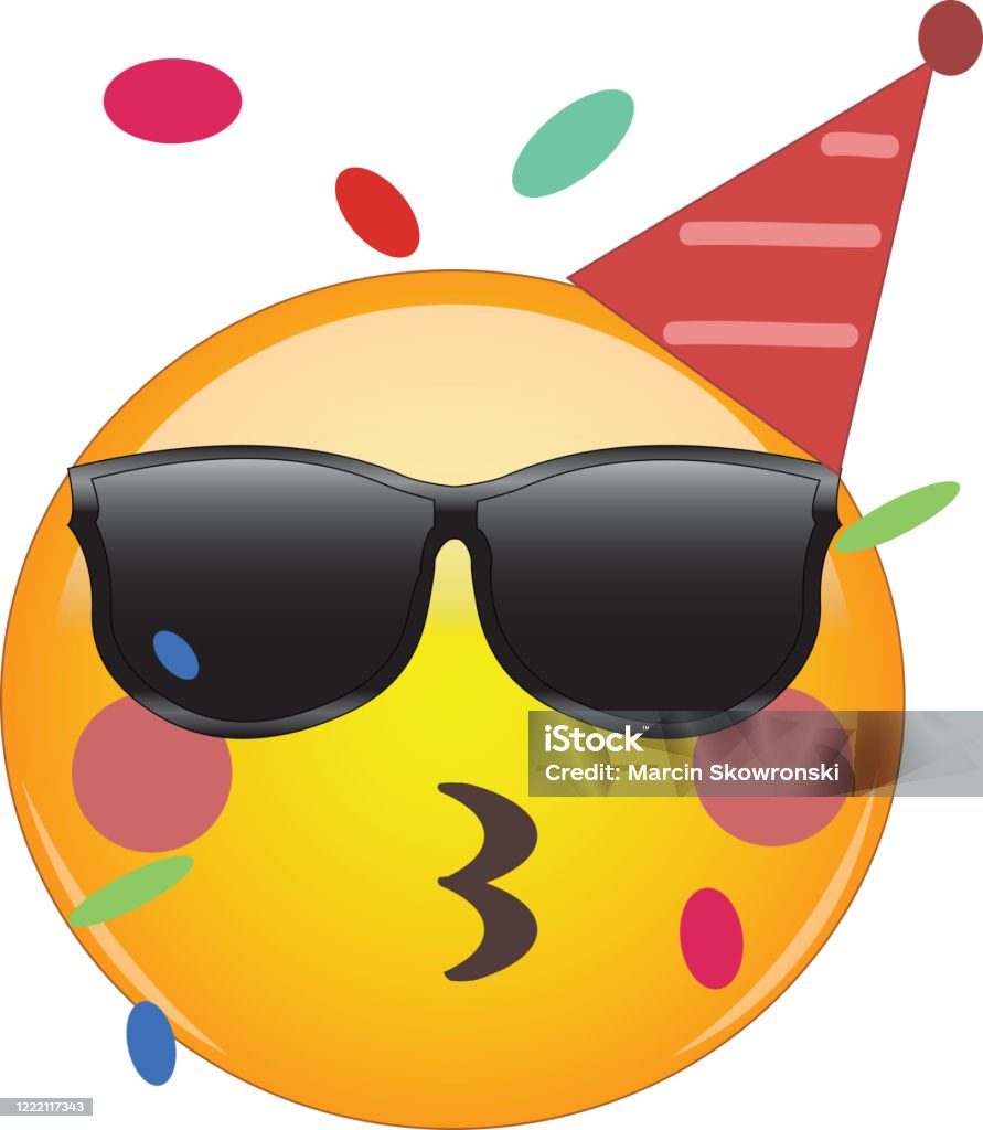 Cool Party Emoji Celebrating Birthday Yellow Face Emoticon Wearing Shades  And A Party Hat Kissing Lips Or Whistling As Confetti Floats Around Its  Head Expression Of Celebration Fun Awesome Stock Illustration -