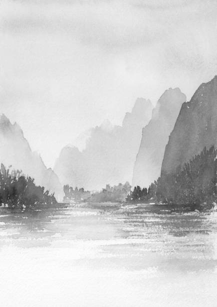 ilustrações, clipart, desenhos animados e ícones de ilustração de pintura de tinta da paisagem da montanha. - ink wash painting