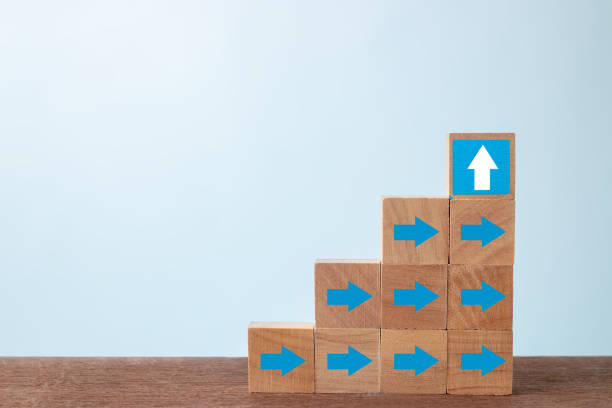 istock Different thinking and business growth concepts , Arrow on wooden block. 1222130457