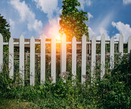 Wooden white fence at farmhouse backyard