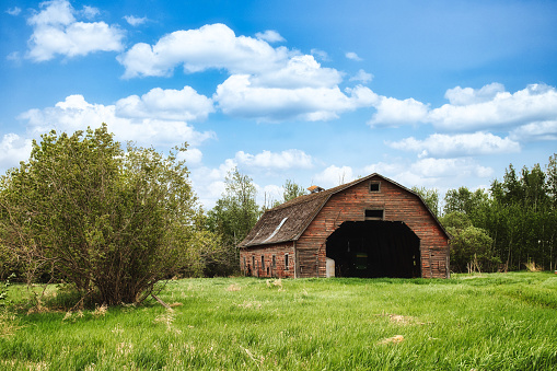 A crumbling large barn with fading red paint used as a storage shed for farm equipment in tall grass surrounded by trees in a summer countryside landscape