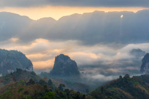 istock Foggy mountain nature at sunrise. 1222133858