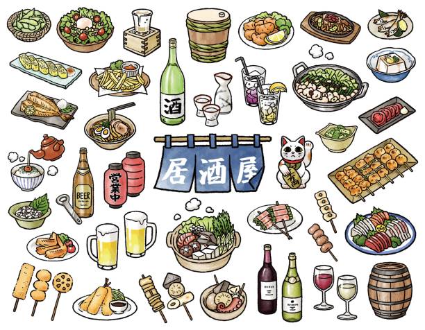 illustrazioni stock, clip art, cartoni animati e icone di tendenza di insieme di illustrazioni vettoriali di izakaya - white background healthy eating meal salad
