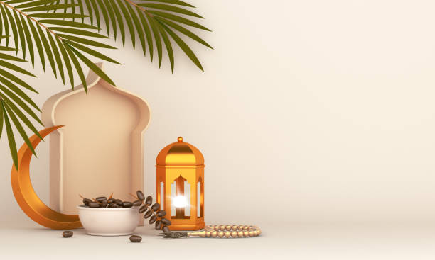 istock Dates fruit and leaves, gold lantern, cresent on white cream background. Design creative concept of islamic celebration day ramadan kareem, iftar, or eid al fitr adha, space text, 3D illustration. 1222135412