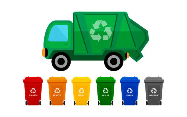 Vector illustration of garbage truck and various types of trash bin isolated on white background, recycle truck waste and bins multi colors, garbage truck and dustbin with wheels, garbage truck green and wheel trash bin