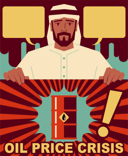 유가 위기를 보여주는 포스터를 들고 있는 중동 인종 남자(iea, opec). 코로나바이러스 전염병으로 인한 수요 붕괴와 과잉 공급에 대한 저장 용량 부족으로 원유 가격이 하락 - opec stock illustrations