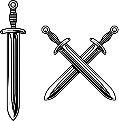 Illustration of crossed knight swords in engraving style. Design element for label, emblem, sign. Vector illustration