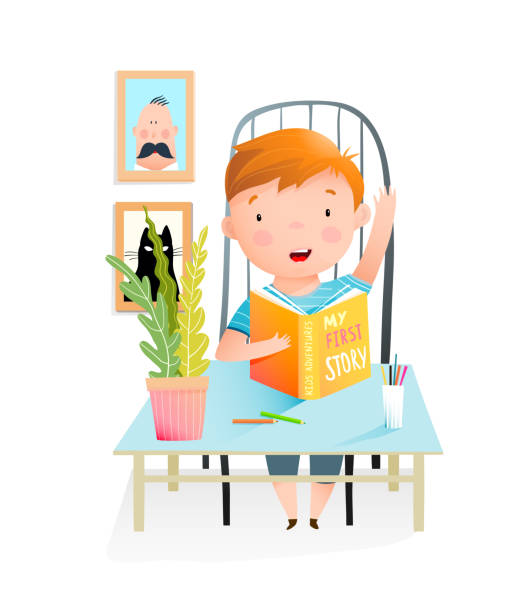 ilustrações, clipart, desenhos animados e ícones de garotinho estuda ler livro fazendo lição de casa ou na escola na sala de aula. estudante ou pré-escolar sentam-se na mesa aprendem a ler. - house home interior small human hand