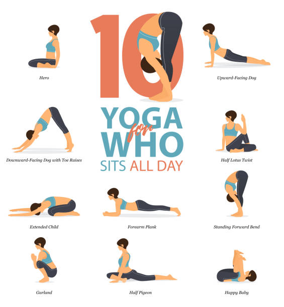 illustrazioni stock, clip art, cartoni animati e icone di tendenza di infografica di 10 pose yoga per yoga a casa nel concetto di yoga per chi si siede tutto il giorno in design piatto. la donna sta facendo esercizio fisico per lo stretching del corpo. set di postura yoga o infografica asana. illustrazione vettoriale yoga. - exercising sport cartoon male