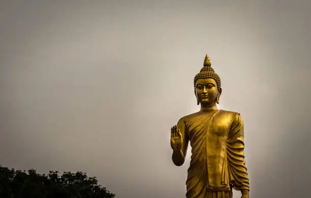 Photo of Budhha young golden standing statue isolated with white sky background image is taken at bodh gaya bihar india.