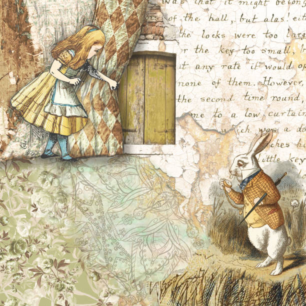 Alice in Wonderland collaged paper design Alice in Wonderland collaged scrapbooking paper design ethereal illustrations stock illustrations