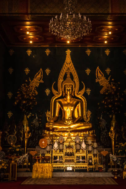 statue dorée de budhha isolée dans le monastère bouddhiste - bodhgaya architecture image human age photos et images de collection