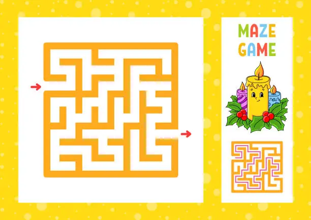 Vector illustration of Square maze. Game for kids. Puzzle for children. Christmas theme. Happy character. Labyrinth conundrum. Color vector illustration. Find the right path. With answer. Isolated vector illustration.