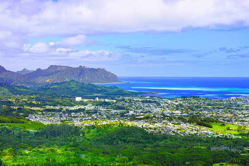 Kaneohe residential area, Kaneohe bay and sandbar seen from the Nuuanu Paris observatory on Oahu, Hawaii