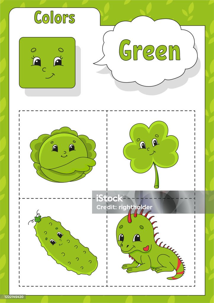 Learning Colors Green Color Flashcard For Kids Cute Cartoon Characters  Picture Set For Preschoolers Education Worksheet Vector Illustration Stock  Illustration - Download Image Now - iStock