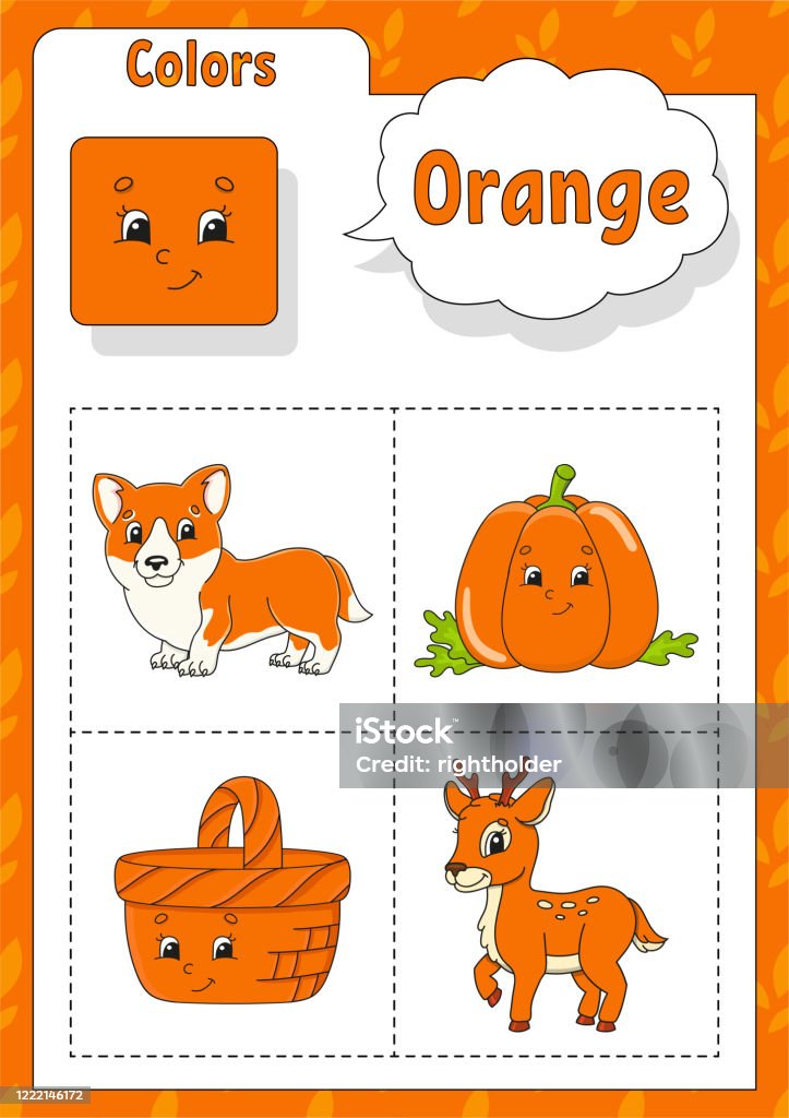 Learning Colors Orange Color Flashcard For Kids Cute Cartoon Characters  Picture Set For Preschoolers Education Worksheet Vector Illustration Stock  Illustration - Download Image Now - iStock