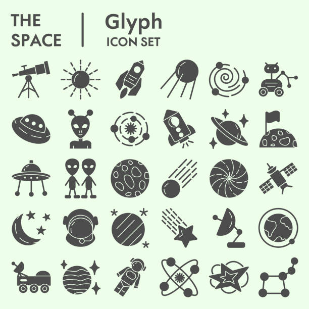 Space solid icon set, universe symbols set collection or vector sketches. Cosmic signs set for computer web, the glyph pictogram style package isolated on white background, eps 10. Space line icon set, universe symbols set collection or vector sketches. Cosmic signs set for computer web, the linear pictogram style package isolated on white background, eps 10 astronaut symbols stock illustrations