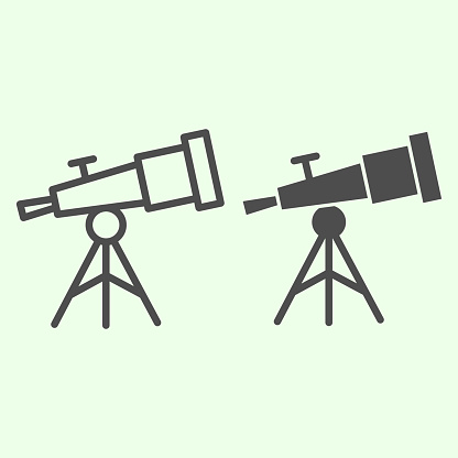 Telescope line and solid icon. Astronomy observe planetarium tool outline style pictogram on white background. Universe and solar system explore for mobile concept and web design. Vector graphics