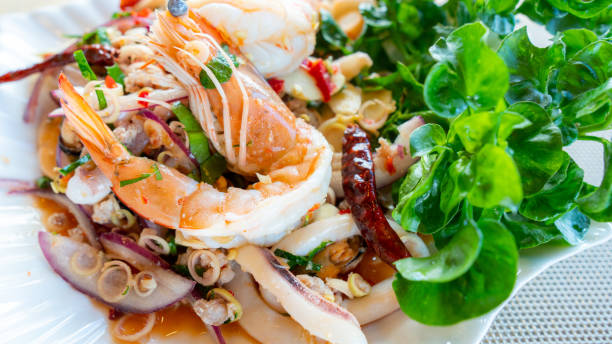 istock Seafood Large Shrimp Salad, thai food style. 1222150376