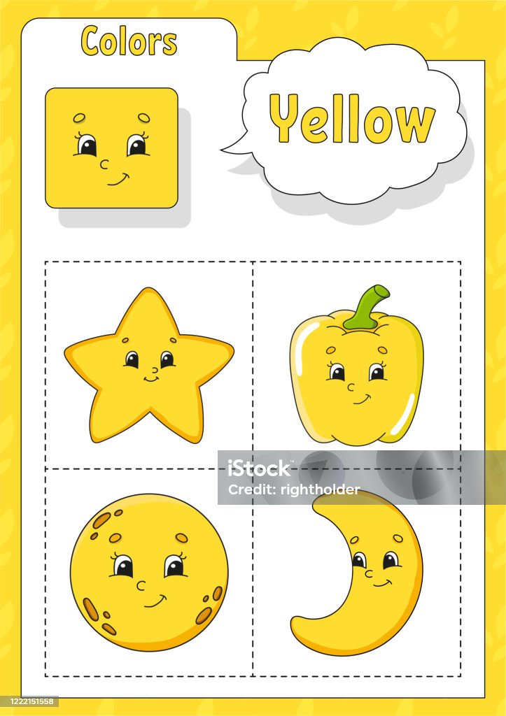 Ilustración de Aprender Colores Color Amarillo Tarjeta Flash Para Niños  Personajes De Dibujos Animados Lindos Conjunto De Imágenes Para Niños En  Edad Preescolar Hoja De Trabajo De Educación Ilustración Vectorial y más