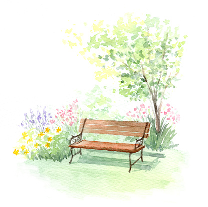 Watercolor illustration of a garden bench.