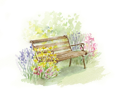 Watercolor illustration of a garden bench.
