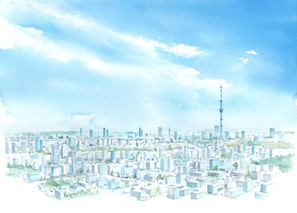 도쿄 하늘 나무의 수채화 그림입니다. - townscape stock illustrations