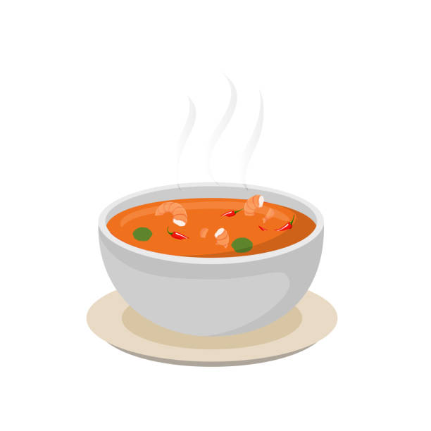 ilustraciones, imágenes clip art, dibujos animados e iconos de stock de tom yum kung alimentos tailandeses con estilo de dibujos animados de diseño vectorial de camarones - tom tom yum meal soup