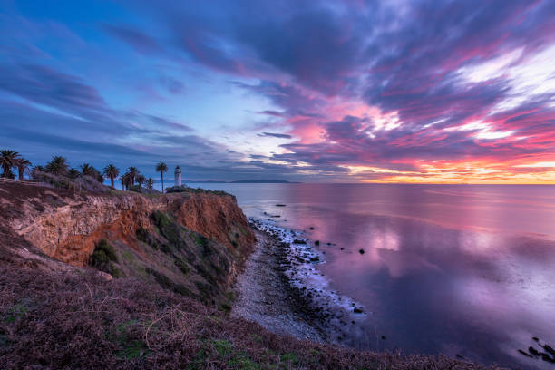 Colorful Point Vicente after Sunset Gorgeous long exposure clifftop view of Point Vicente Lighthouse after sunset with colorful clouds in the sky and calm waves washing onto the rocky shoreline, Rancho Palos Verdes, California rancho palos verdes stock pictures, royalty-free photos & images