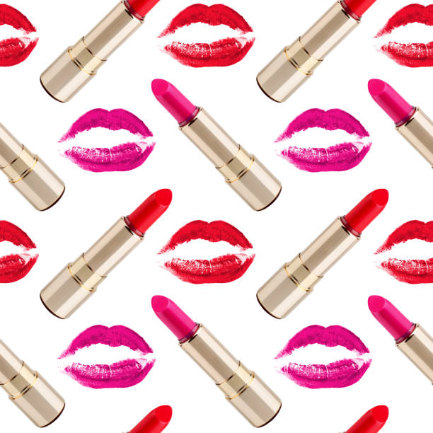 istock Seamless pattern red kiss print and golden lipstick on white background isolated, open lipsticks and sexy pink lips makeup stamp repeating ornament, cosmetic wallpaper, beauty backdrop, fashion banner 1222162495