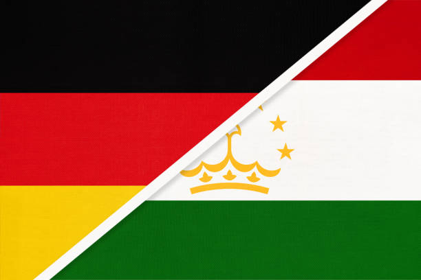istock Germany vs Tajikistan, symbol of two national flags. Relationship between European and Asian countries. 1222162955