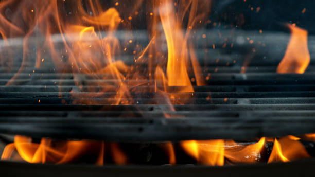 istock Empty flaming charcoal grill, ready for product placement. 1222163835