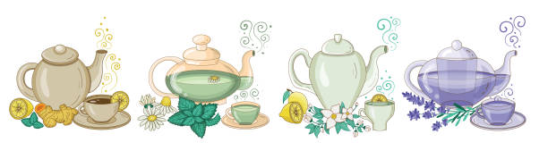 illustrazioni stock, clip art, cartoni animati e icone di tendenza di tisana biologica in tazze e teiere - lavender mint tea