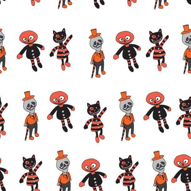 ilustrações, clipart, desenhos animados e ícones de crânio e gato fundo de halloween sem emenda - animal skeleton illustrations