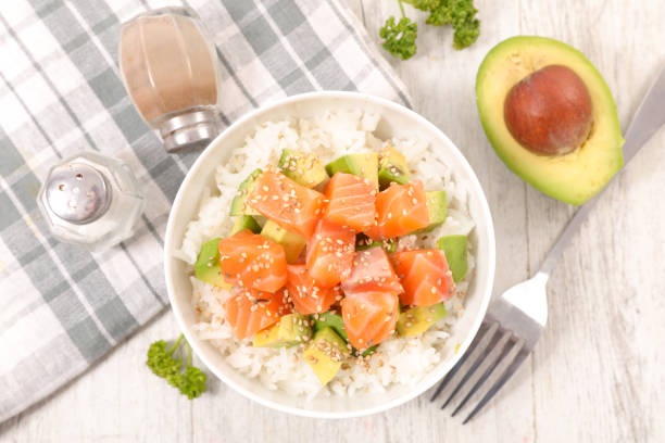 istock bowl of rice, avocado and salmon 1222169423