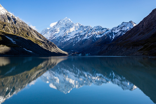 A calm day produces strong reflections of Mt Cook in the waters of Lake Hooker