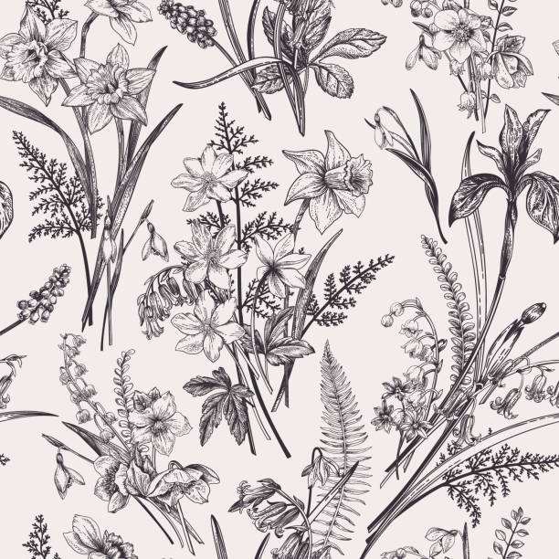 Seamless pattern with garden flowers. Seamless pattern with meadow and garden flowers and plants. lily of the valley garden stock illustrations