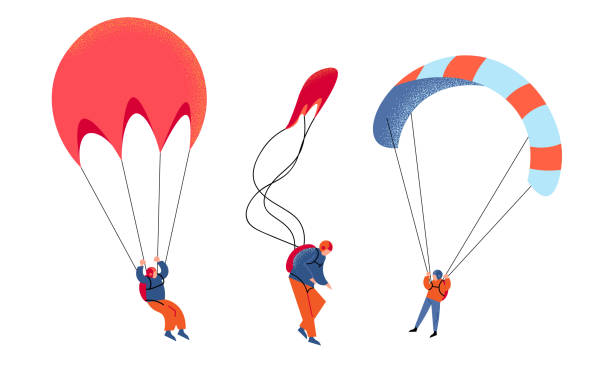 illustrazioni stock, clip art, cartoni animati e icone di tendenza di set di giovani paracadutisti con illustrazione vettoriale paracadute - parachuting