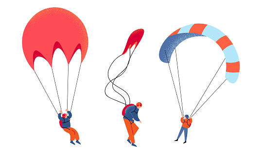 Set of isolated hand drawn young people skydivers in special costumes with parachutes enjoying flight over white background vector illustration. Extreme entertainment concept