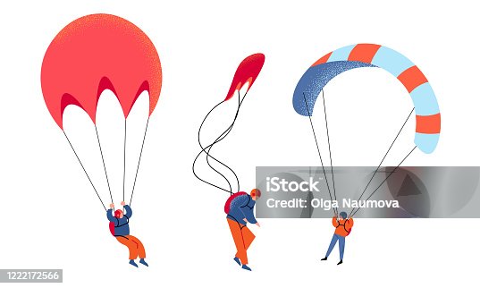 istock Set of young people skydivers with parachutes vector illustration 1222172566