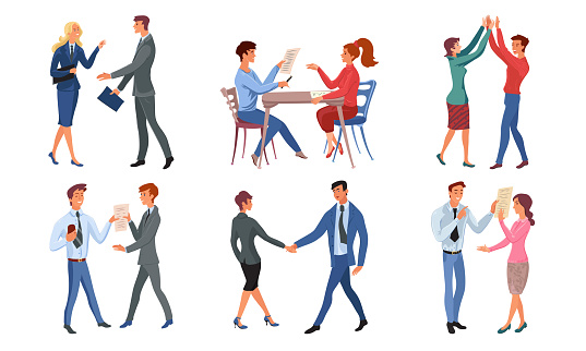 Set of isolated hand drawn positive people having successful deal and felling happy over white background vector illustration. Successful agreement concept