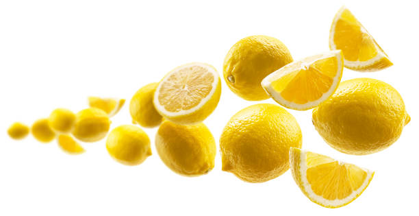 istock Yellow lemons levitate on a white background 1222173341