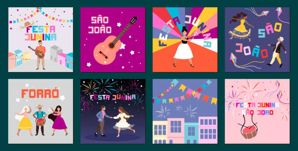 ilustrações de stock, clip art, desenhos animados e ícones de festa junina in brazil. traditional brazilian holiday. latin american summer festival. set of card designs for web and print, banner and leaflets. colourful characters celebrating. trendy illustration - musica sertaneja