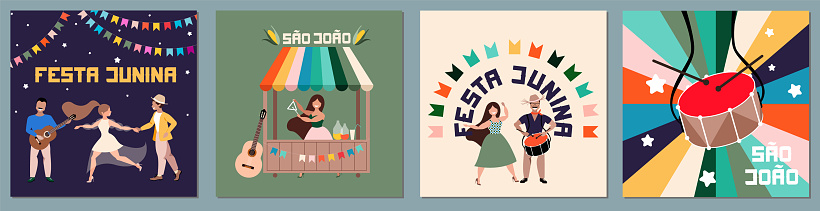 Festa Junina festival greeting card set. Hand-drawn vector illustration.