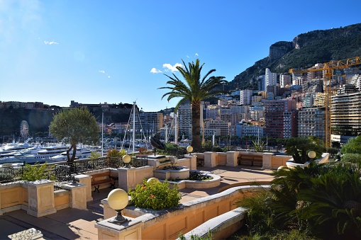 Monte Carlo, Monaco - December 22 2019: Port Hercules and city view with clear blue sky