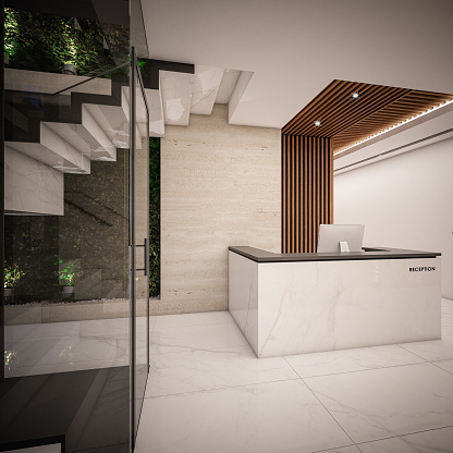 Computer generated image of Hotel Corridor. Modern, minimalist, business hotel in the downtown. Architectural Visualization. 3D rendering.