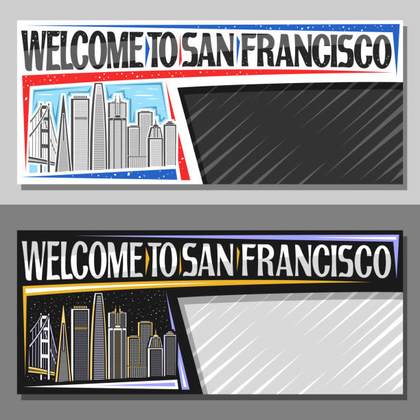 векторные макеты для сан-франциско - san francisco county golden gate bridge skyline night stock illustrations