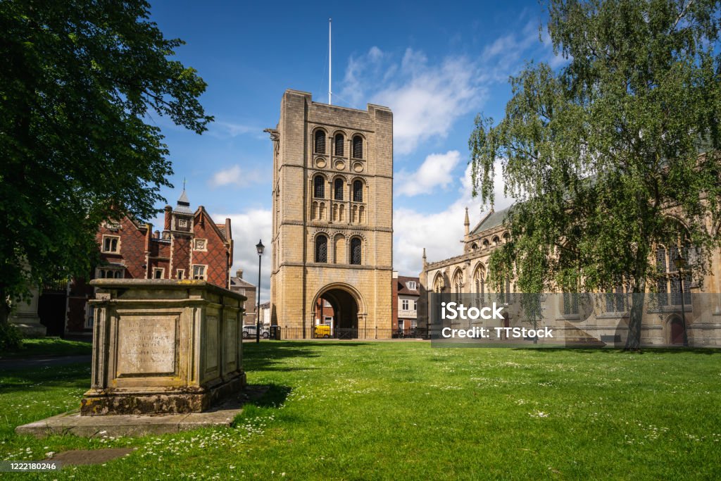Norman Tower in Bury St Edmunds market town Historic St Edmundsbury Cathedral"u2019s Millennium Norman Tower giving visitors views over the market town. Burying Stock Photo