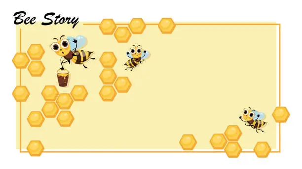 Vector illustration of Bee Story. Honeycomb. Swarm of bees. Cute cartoon character. Poster. Cartoon cute bees.